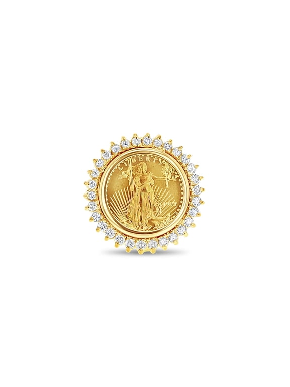 1/10OZ Fine Gold Lady Liberty Coin Ring with Diamond Halo - Size 7