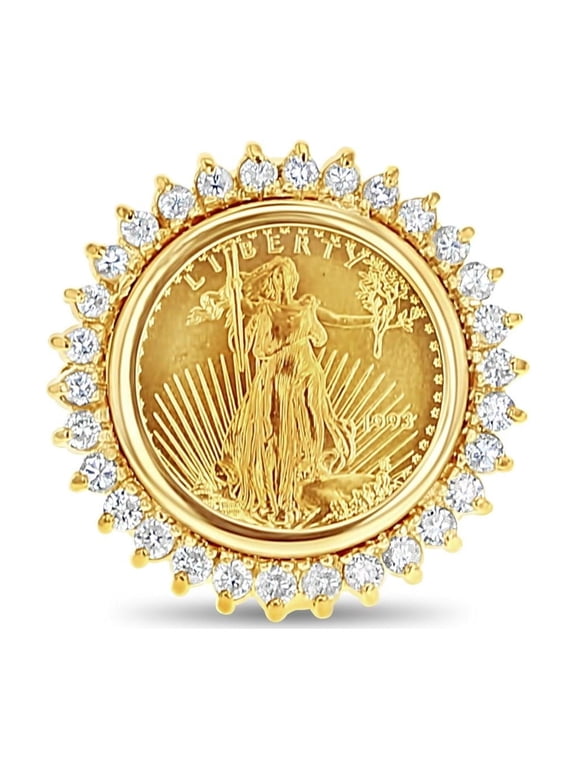 1/10OZ Fine Gold Lady Liberty Coin Ring with Diamond Halo - Size 8
