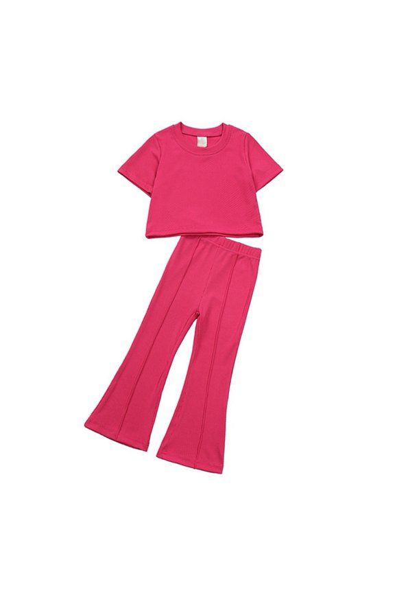 1-10T Girl's 2PCS Outfits Soild Tops Short Sleeve T-Shirt Tee and Pants Bell Bottom Flared Pants Sets
