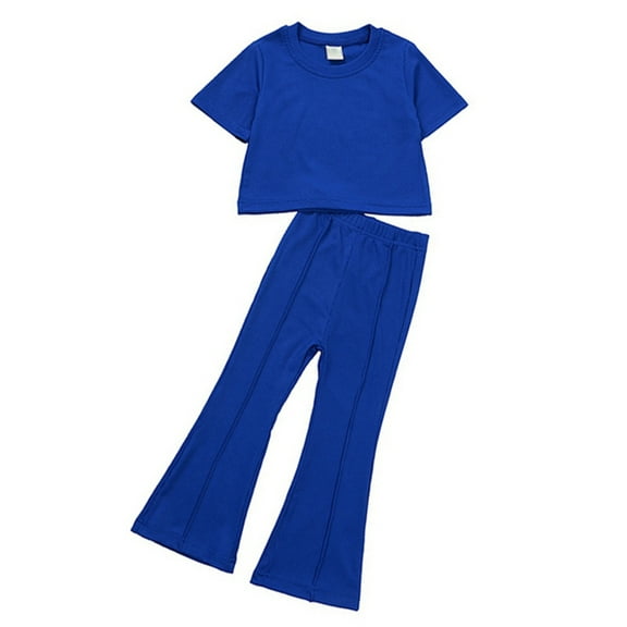 1-10T Girl's 2PCS Outfits Soild Tops Short Sleeve T-Shirt Tee and Pants Bell Bottom Flared Pants Sets