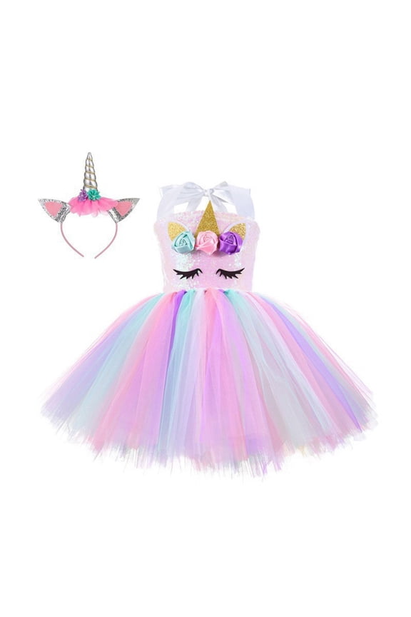 1-10T Girls Unicorn Costume Kids Toddler Birthday Gifts Kids Tutu Dress with Headband for Party