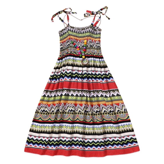 1-10Y Kids Child Girls Boho Summer Dress Flower Casual Beachwear Holiday Sundress + Necklace