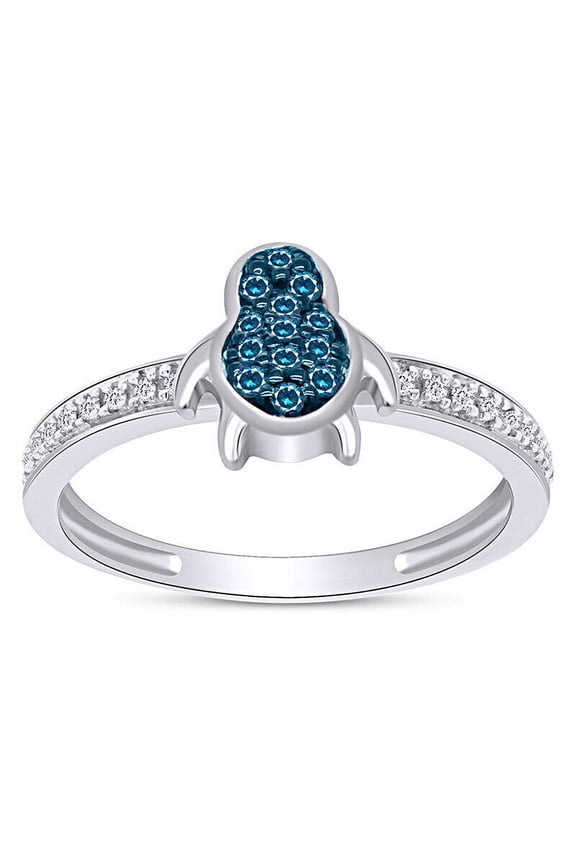 1/10ct Real Blue & White Round Diamond Penguin Ring in 925 Sterling Silver