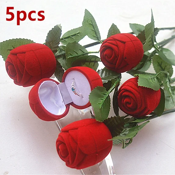 1/10pcs Red Velvet Rose Shape Ring Box Creative Simulation Flower with Leaves Gift Romantic Surprise Proposal Wedding Ring Box , 5 Flowers