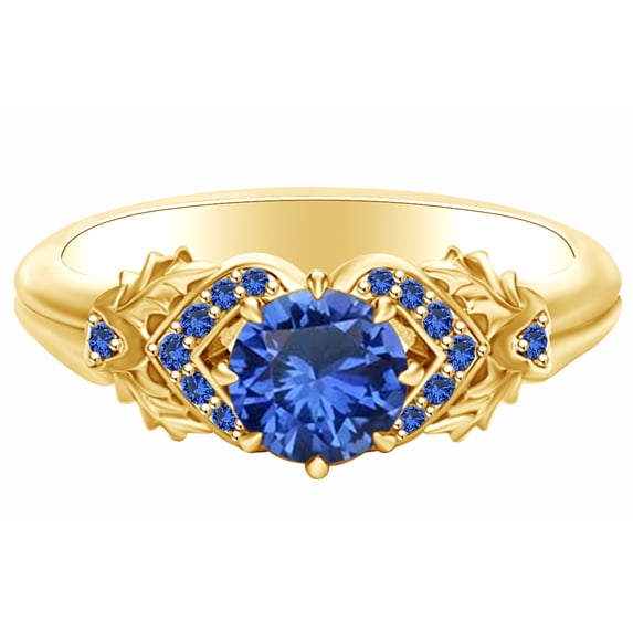 AFFY 1.11 Carat Round Shape Simulated Blue Sapphire & Natural Diamond Leaf Engagement Ring 14K Solid Yellow Gold Ring Size-10