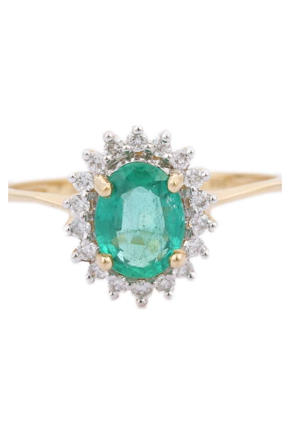 1.11 Cts Emerald and Diamond Stackable Flower Cluster Ring 14k Yellow Gold