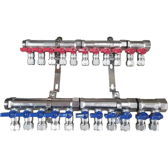 1" 11-Loop/Port Ball Valve Brass Pex Manifold for 1/2" Pex Tubing w/brackets