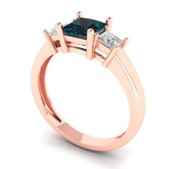 1.11 ct Brilliant Princess Cut Natural London Blue Topaz 14k Rose Gold Three-Stone Bridal Wedding Engagement Promise Anniversary Ring for Women size 10.25