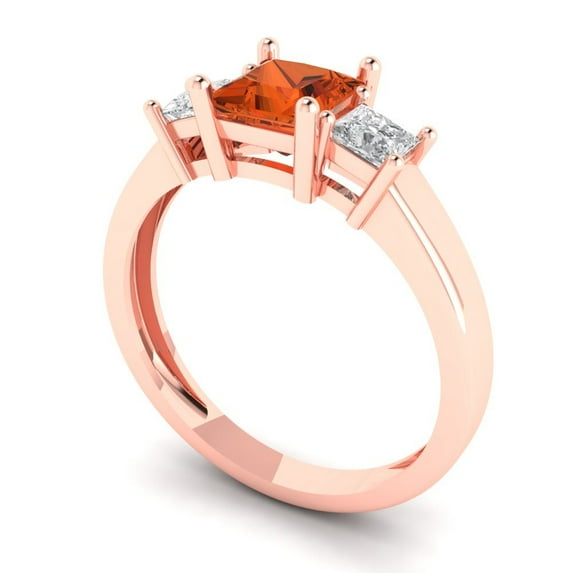 1.11 ct Brilliant Princess Cut Red Zircon 14k Rose Gold Three-Stone Bridal Wedding Engagement Promise Anniversary Ring for Women size 10.5