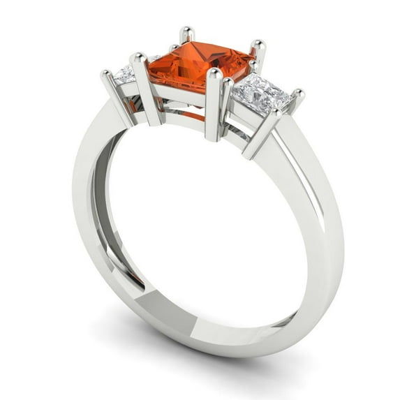 1.11 ct Brilliant Princess Cut Red Zircon 14k White Gold Three-Stone Bridal Wedding Engagement Promise Anniversary Ring for Women size 6.5