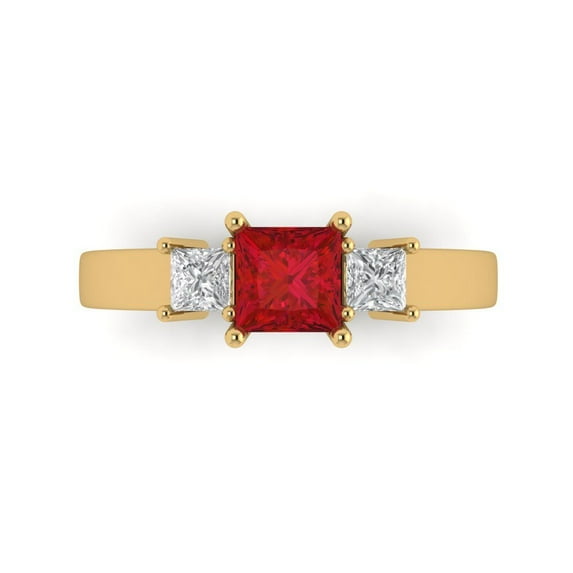 Three-Stone Engagement Ring for Women - 1.11ct Simulated Ruby in 14K Yellow Gold Promise Ring