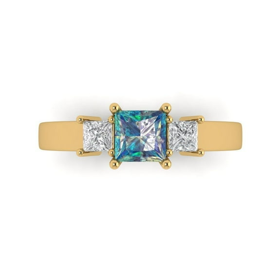 1.11ct Princess Cut Blue Moissanite 14k Yellow Gold Engraving Statement Bridal Wedding 3 stone Designer Ring Size 10.5