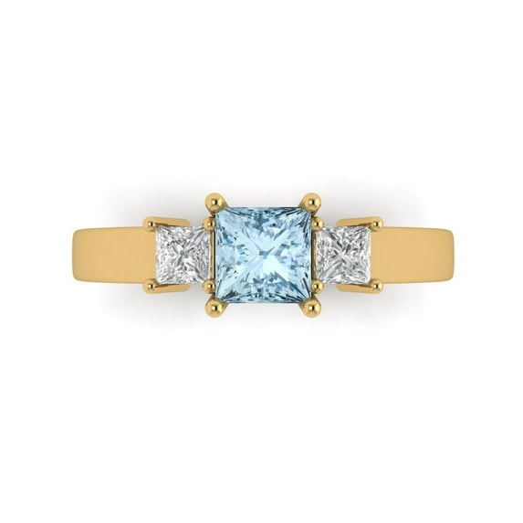 1.11ct Princess Cut Blue Natural Swiss Blue Topaz 18k Yellow Gold Engraving Statement Bridal Wedding Three-Stone Designer Ring Size 4