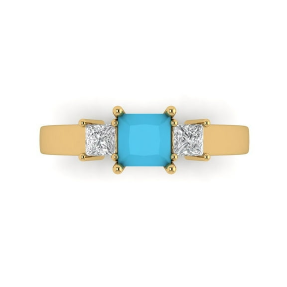 1.11ct Princess Cut Blue Turquoise 14k Yellow Gold Engraving Statement Bridal Wedding Three-Stone Designer Ring Size 7.5