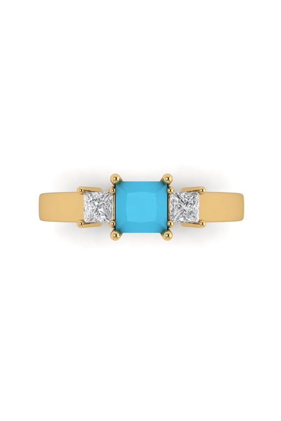 1.11ct Princess Cut Blue Turquoise 18k Yellow Gold Engraving Statement Bridal Wedding Three-Stone Designer Ring Size 11
