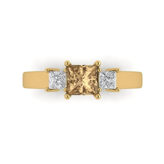 1.11ct Princess Cut Brown Champagne Crystal 18k Yellow Gold Engraving Statement Bridal Wedding 3 stone Designer Ring Size 9.5