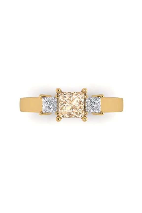 1.11ct Princess Cut Brown Natural Morganite 18k Yellow Gold Engraving Statement Bridal Wedding Three-Stone Designer Ring Size 6