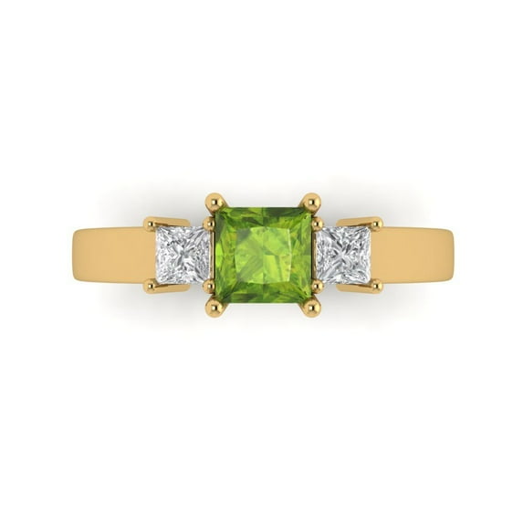 1.11ct Princess Cut Green Natural Peridot 18k Yellow Gold Engraving Statement Bridal Wedding Three-Stone Designer Ring Size 7.5