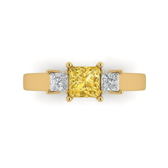 1.11ct Princess Cut Yellow Crystal 18k Yellow Gold Engraving Statement Bridal Wedding Three-Stone Designer Ring Size 6