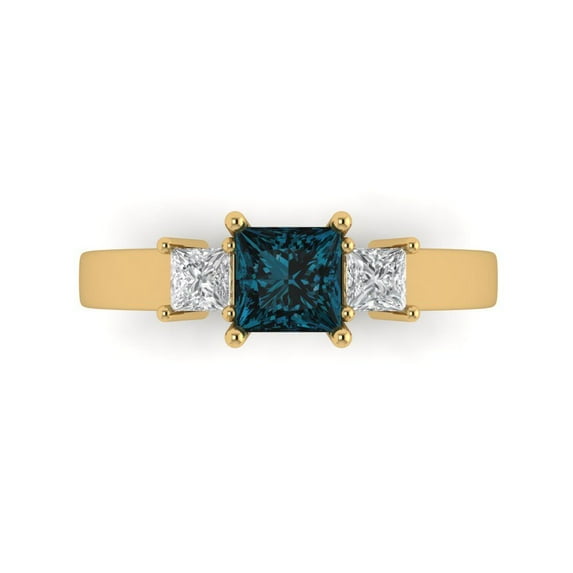 Clara Pucci 14K Yellow Gold Solid Gold LondonBlueTopaz Three-Stone Anniversary Ring for Women - 1.11 cttw Princess Cut