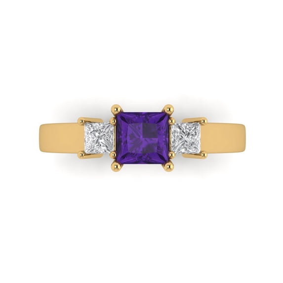 Clara Pucci 14K Yellow Gold Solid Gold Amethyst Three-Stone Anniversary Ring for Women - 1.11 cttw Princess Cut