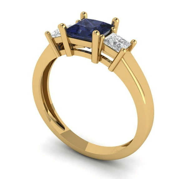 1.11ct princess cut blue sapphire 14k yellow gold 3 stone Bridal Wedding Engagement Promise Anniversary Ring for Women size 9