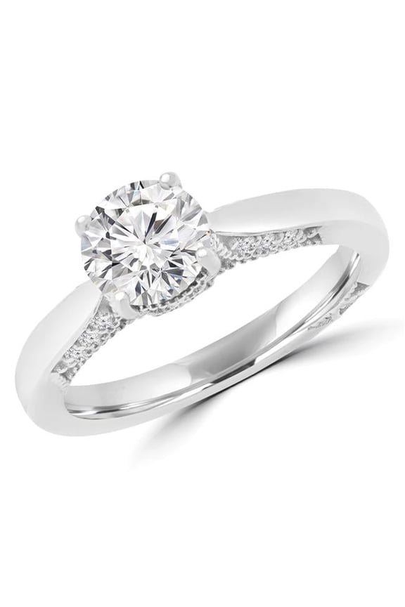 1.12 CTW Round Diamond Solitaire with Accents Engagement Ring in 18K White Gold - Size 3.75