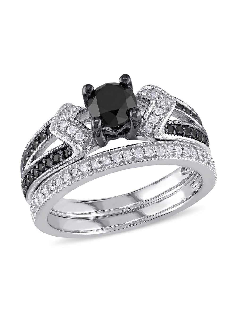 1.12 Carat (Ctw) Black Diamond Engagement Ring and Wedding Band Set in Sterling Silver for Women