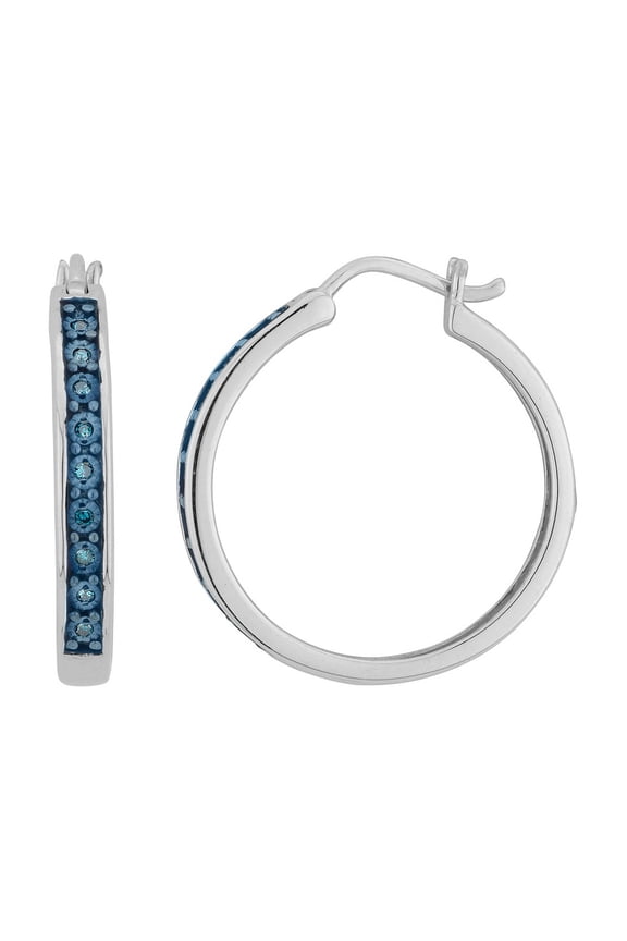 1/12 Carat (Ctw) Enhanced Blue Diamond Hoop Earrings in Sterling Silver (1 Inch)