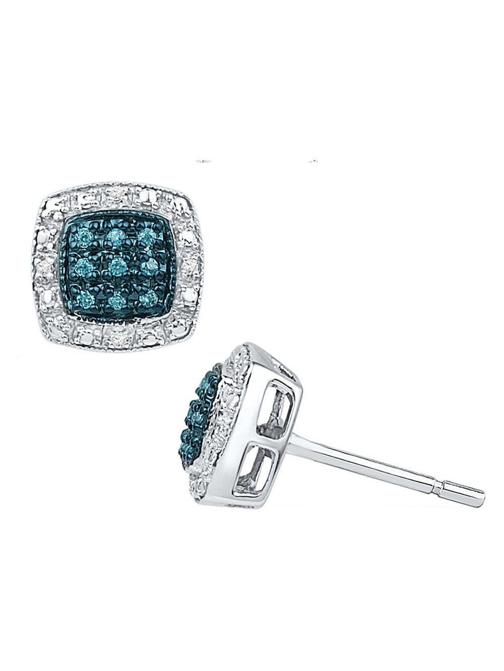 1/12 Carat (Ctw I2-I3) Blue & White Diamond Earrings in Sterling Silver for Women