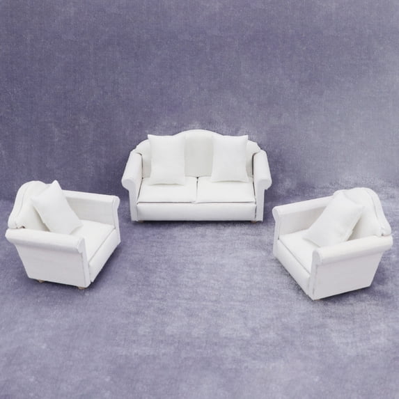 1:12 Doll House Mini Furniture Model, Furniture White Sofa 3-piece Set With Cushions