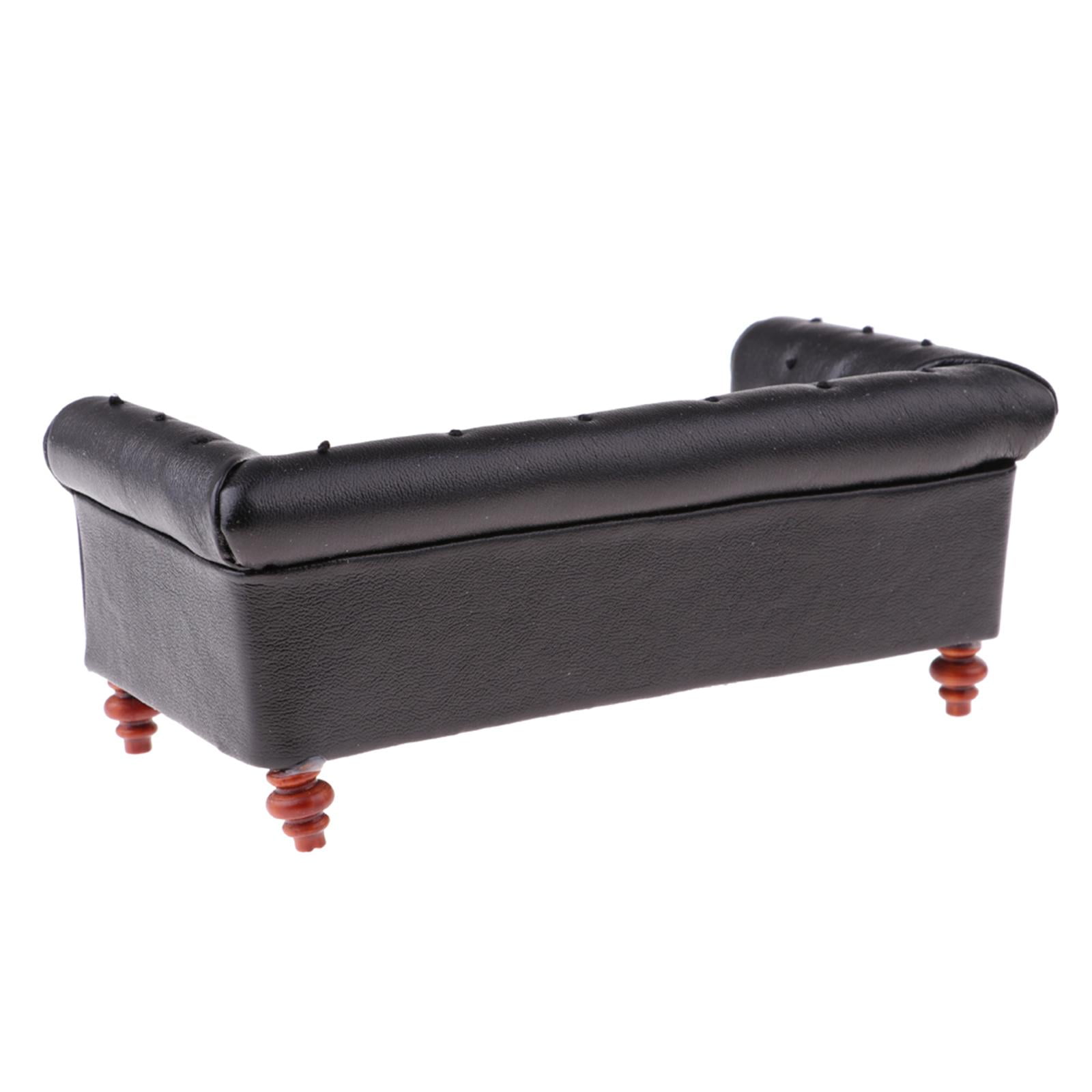 1/12 Dollhouse Miniature Black Leather Long Sofa Bedroom Furniture Accessory