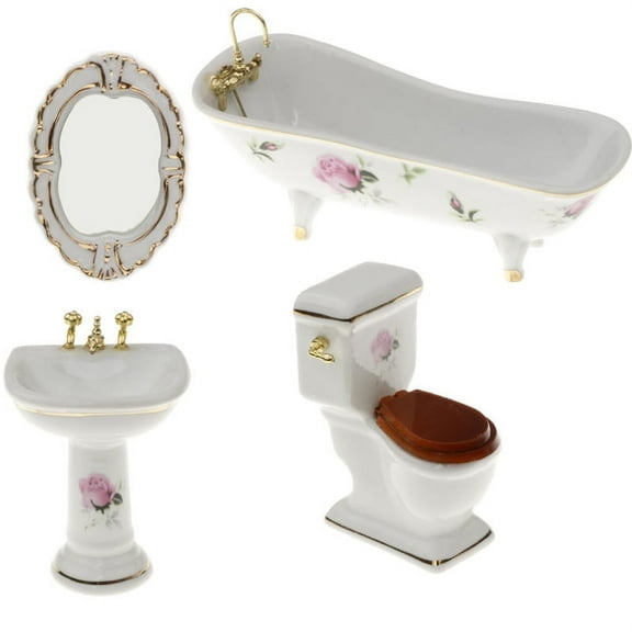 1/12 Dollhouse Porcelain White Bathroom Suite Furniture Set Toilet Sink Mirror and Bathtub, Dolls House Life Scene Ornament