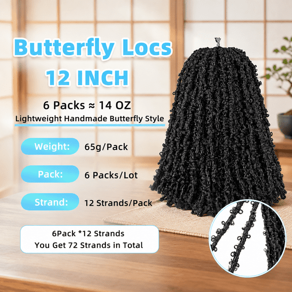 1# 12 Inch (Pack of 6) Jet Black Butterfly Locs Crochet Hair Extensions