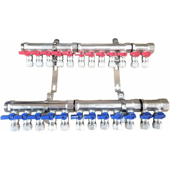 1" 12-Loop/Port Ball Valve Brass Pex Manifold for 1/2" Pex Tubing w/brackets