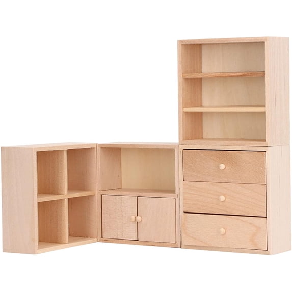 1 12 Miniature Dollhouse Wooden Cabinet Set Mini Furniture 4 Piece Decoration Accessories For Diorama Room Box Display Wood Color