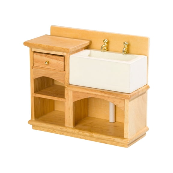 1/12 Miniature Kitchen Sink Dollhouse Furniture Accessories, Mini House Bathroom Kitchen Decor Sink Small Wooden Wash Basin Cabinet with Hand Sink for Bathroom Kitchen Decoration Accessories