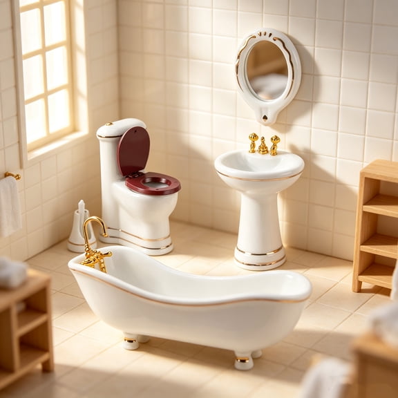 1:12 Miniature Porcelain Bathroom Set - Ceramic Toilet Sink Tub Mirror Dollhouse