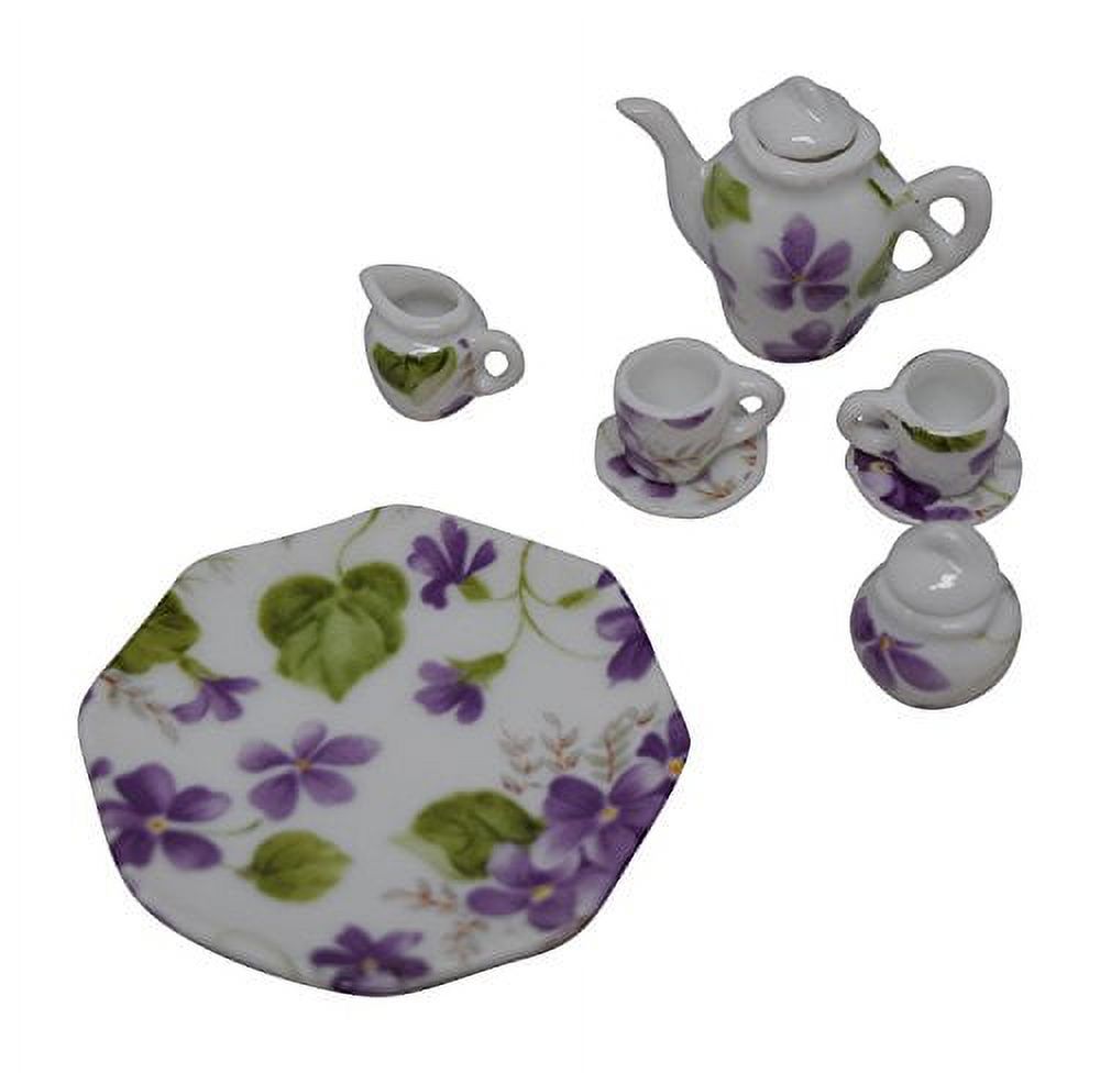 1:12 Scale 10 Piece Mini Dollhouse Size Purple Floral Tea Set with Teapot, Sugar, Creamer, Two Cups and Saucers, and Plate by Anny's - image 1 of 1