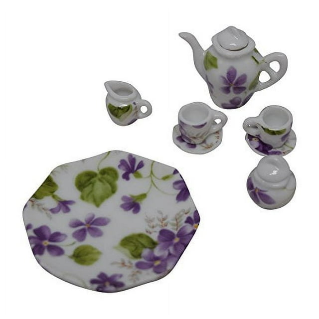 1:12 Scale 10 Piece Mini Dollhouse Size Purple Floral Tea Set with Teapot, Sugar, Creamer, Two Cups and Saucers, and Plate by Anny's