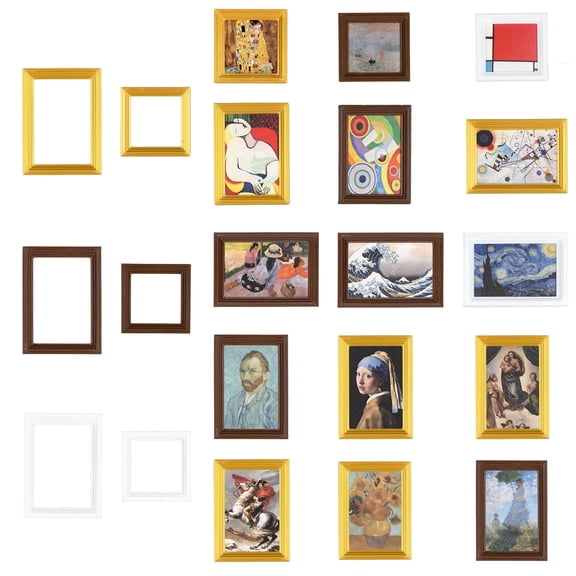 Cyraft 1:12 Scale 15 Pcs Miniature Dollhouse Picture Frames with Classic Mini Paintings, Dollhouse Decor Accessories Mini Framed Art