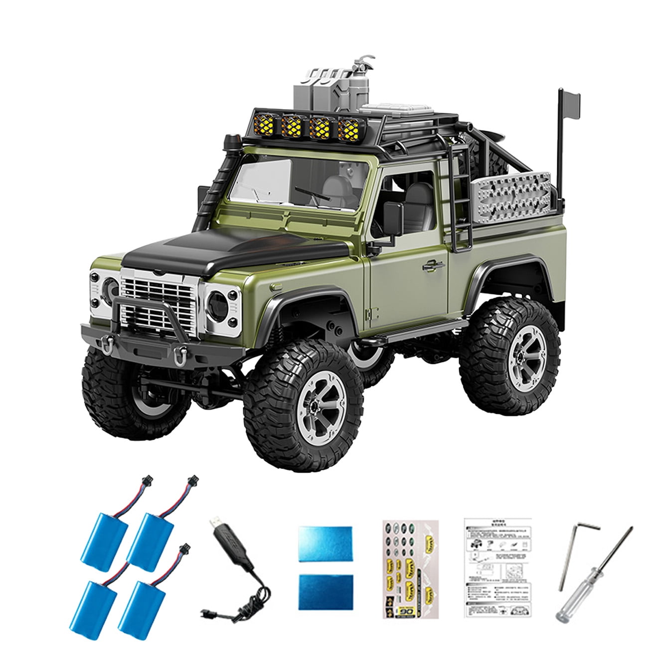 1/12 Scale 2.4GHz 4WD RC Rock Crawler, KF90 Full Proportional Off Road Truck with Adjustable LED Lights, Carbon Brush Climbing Vehicle RTR for Adults Hobbyists- Green / 4 batteries