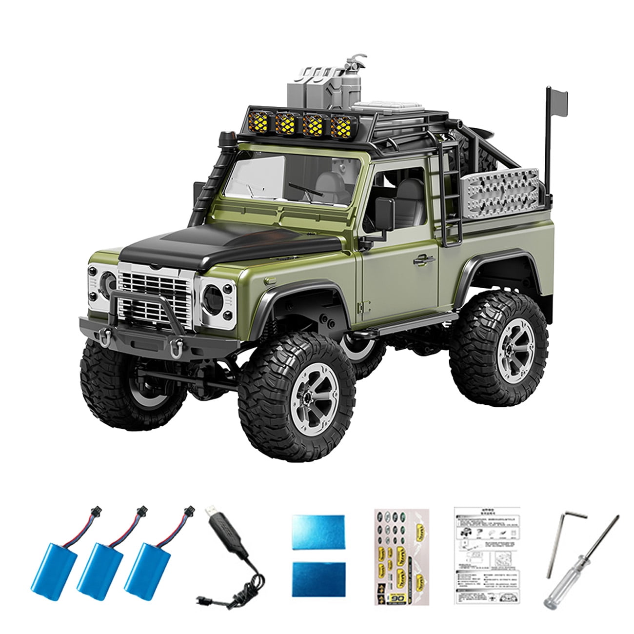 1/12 Scale 2.4GHz 4WD RC Rock Crawler, KF90 Full Proportional Off Road Truck with Adjustable LED Lights, Carbon Brush Climbing Vehicle RTR for Adults Hobbyists- Green / 3 batteries