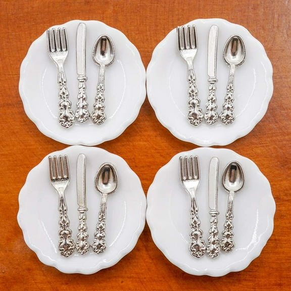 1/12 Scale Accessories, 1/12 Scale Diorama, Scalloped Ceramic Plates, Forks Spoons Knives Set, Miniature Dollhouse Kitchen, Pretend Play, 1.5 in Diameter, 4 Plates 12 Utensils, 1