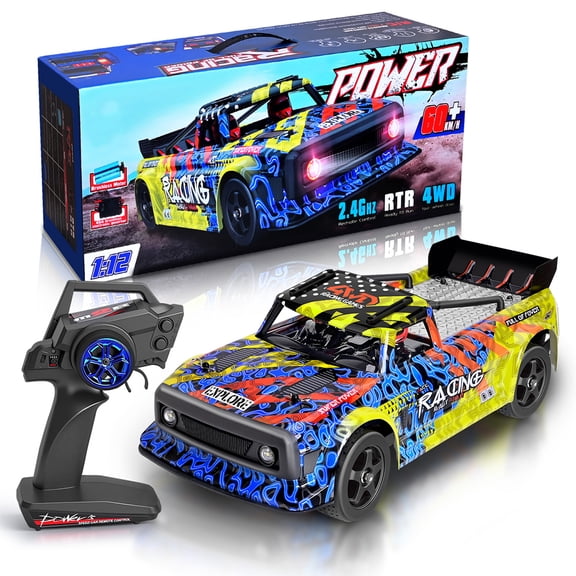 1/12 Scale Brushless RC Drift Car 4WD High Speed Racing Vehicle 60KMH 2.4GHz Remote Control With LED Lights & Brushless Motor For Indoor Outdoor Driving, 124020( Red-Yellow )