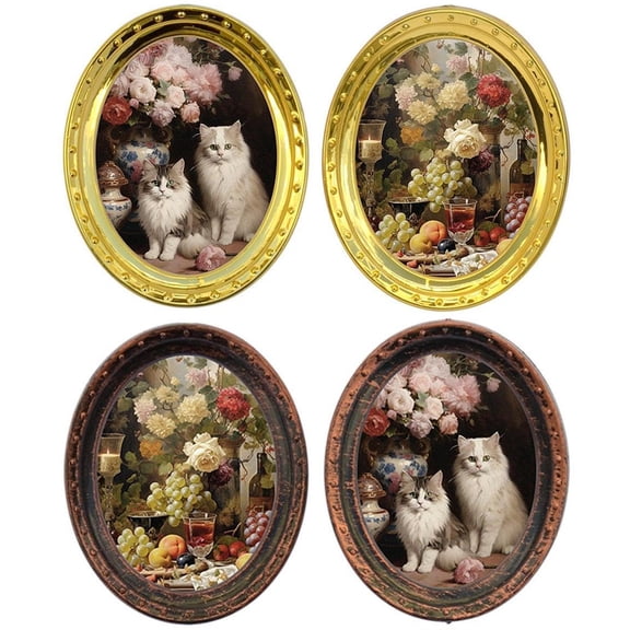 1/12 Scale Doll House Decoration Iron Miniature Picture Frame with Cats And Rose Artwork Oil Painting Photo Frame 4PCS