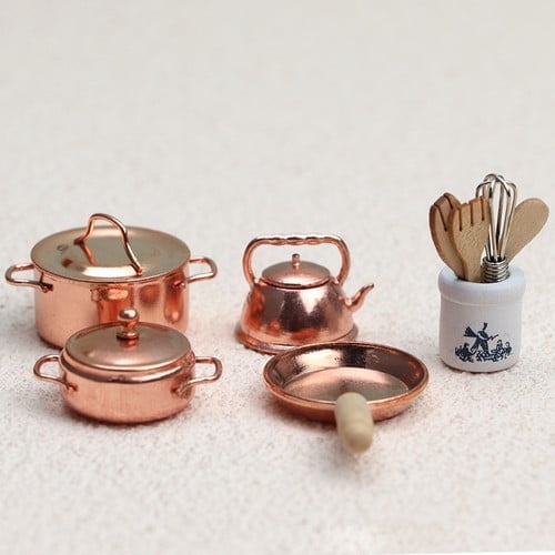 1:12 Scale Dollhouse Mini Kitchen Set - 10-Piece Pot Kettle Cutlery Cookware