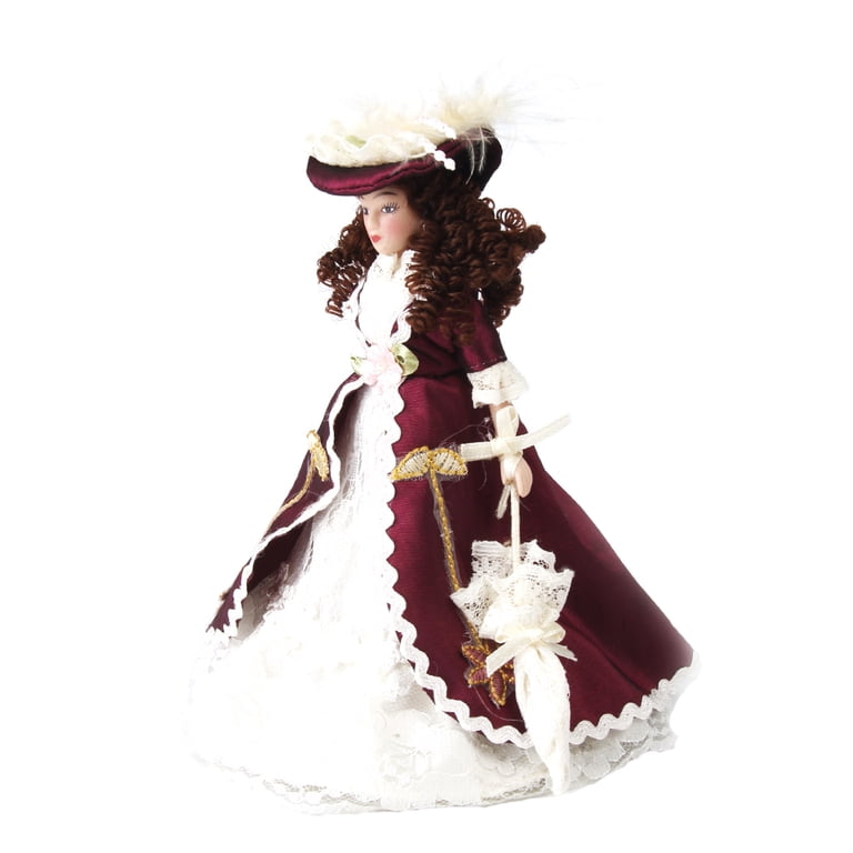 Dollhouse Victorian Lady Porcelain Figure - 1:12 Scale, Rotatable Limbs, Dark Skirt & Hat, With Stand
