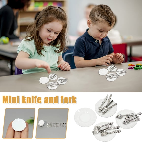 1:12 Scale Dollhouse Miniature Tableware Set, Mini Ceramic Plates with Silver Forks Spoons, Miniature Dollhouse Accessories for DIY Crafts, Collectible Display, Props