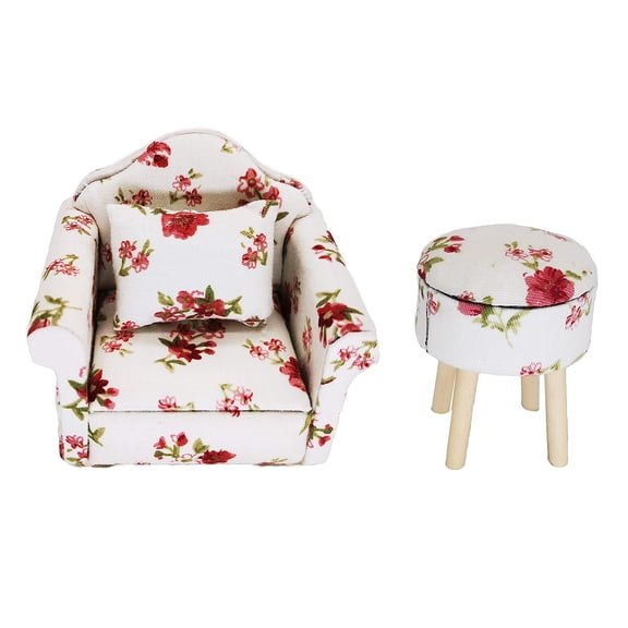 1/12 Scale Lovely Miniature Sofa and Round Stool Fake Furniture Set Sofa Tea Stool Bar Stool Mini Flower Print Sofa Decor Couch with Back Cushions DIY Fake House Accessories White
